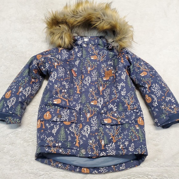 Kuling Navy Blue Might Forest Fox Hooded Fur Parka Snow Coat Unisex Kids 983T